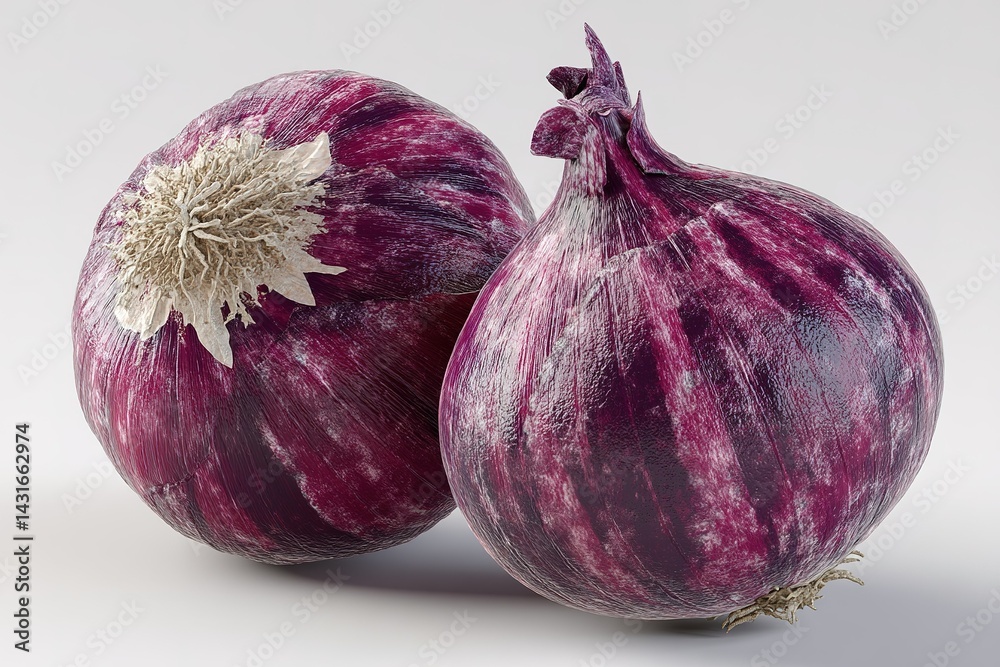 Fototapeta premium Two fresh red onions displayed on a neutral background, showcasing their vibrant color and texture