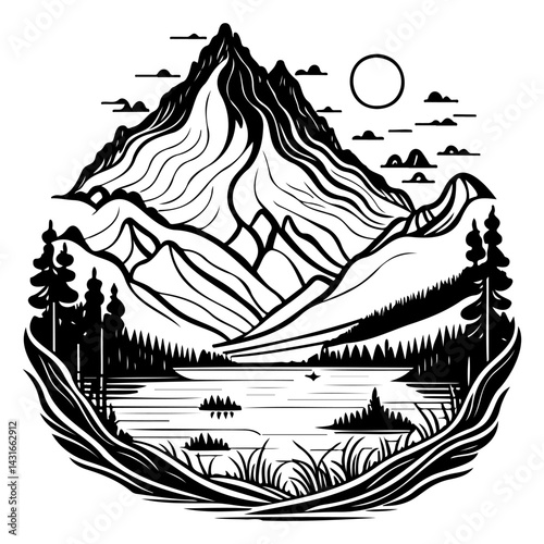 Stylized mountainscape graphic showcasing a tranquil lake beneath a towering peak
