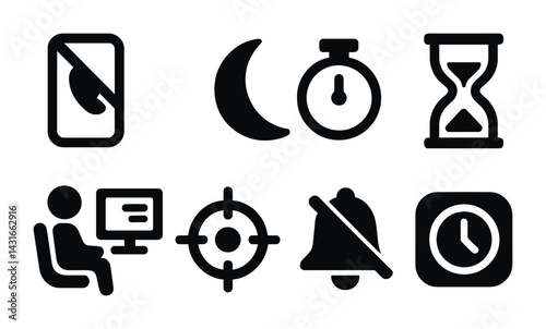 Notification and time management solid icons set – silhouette style reminders, productivity, and alerts symbols: do not disturb, moon, timer, hourglass, focus, bell off, clock