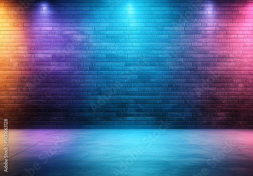 vibrant wall with gradient of neon lights in blue, purple, and orange hues, creating dynamic atmosphere perfect for artistic displays or events. smooth floor complements colorful backdrop