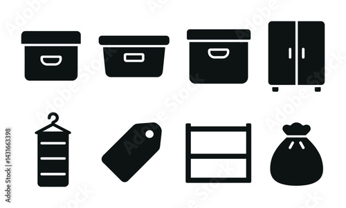 Home organization solid icons set – simplified storage solutions in filled style: box, bin, cabinet, closet, hanger, tag, shelf, bag