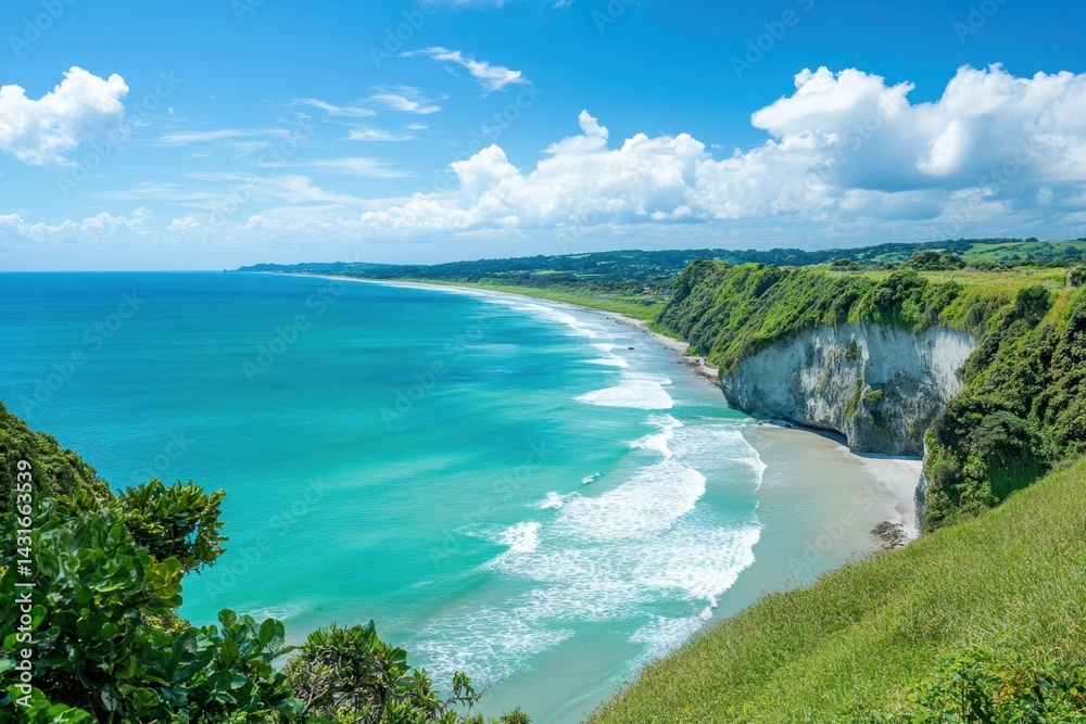 Obraz premium Scenic coastal view featuring cliffs and turquoise water near a serene beach on a sunny day