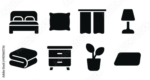 Home decor solid icons set – filled style interior design, furniture, and decor elements for room styling: bed, pillow, curtain, lamp, blanket, nightstand, plant, rug.
