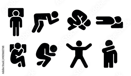 Sleep and rest silhouette icon set – solid style relaxation, meditation, comfortable sleep symbols: sleeping person, yoga pose, child pose, resting, meditation, stretch, nap