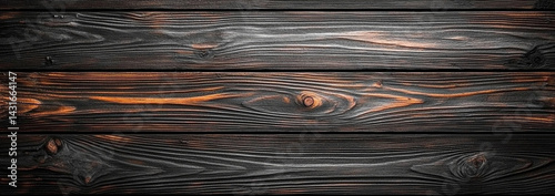 close up view of dark wooden texture featuring rich grain patterns and warm orange highlights, creating striking contrast against black background. This evokes sense of warmth and rustic charm
