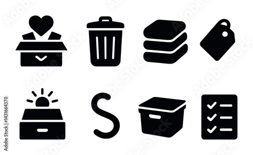 Storage and organization solid icons set – silhouette style for decluttering, home management, and inventory: heart box, trash can, towels, tag, drawer, letter s, bin, checklist.
