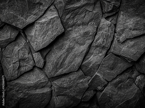 close up of textured black rock surface, showcasing natural patterns and layers of stones, creating dramatic and rugged appearance