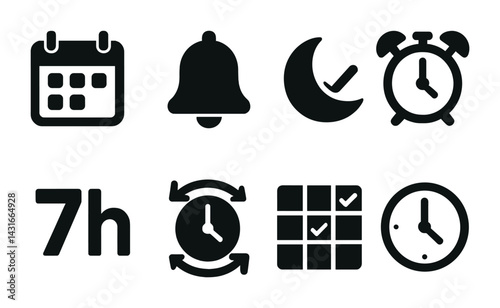 Time management solid icons set – flat style scheduling, notification, and planning symbols for efficiency: calendar, bell, moon, alarm clock, 7 hours, timer, checklist, clock