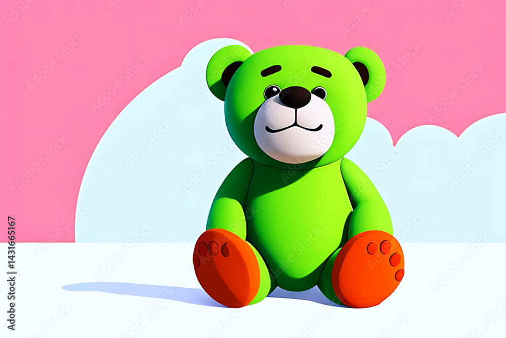 Fototapeta premium Cute green teddy bear on the pink background 