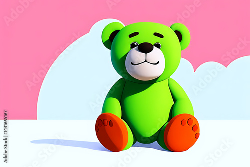 Cute green teddy bear on the pink background 