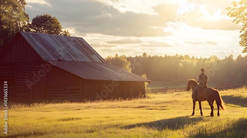 A man is riding a horse alongside a picturesque rural barn on a warm summer day with a cinematic atmospheric lighting creating a captivating and serene mood