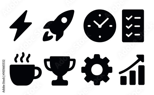 Business productivity solid icons set – filled style for efficiency, organization, and success: lightning bolt, rocket, clock, checklist, coffee cup, trophy, gear, growth chart.