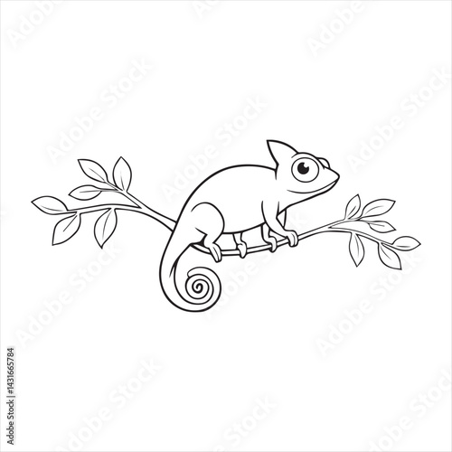 Chameleon Cartoon Illustration on Branch,Cute Chameleon Drawing for Coloring Book,Hand Drawn Chameleon Lizard Vector,Chameleon Sitting on Tree Branch Outline,Funny Chameleon Animal Line Art