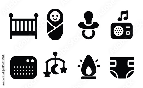 Baby essentials 3d icon set - solid style nursery and infant care symbols for parent planning: crib, swaddle, pacifier, baby monitor, diaper, mobile, nightlight, teether.