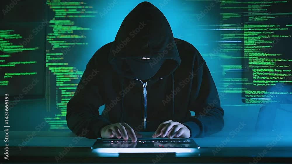 Faceless hacker in a hoodie is typing on a laptop. Cyber security hacking technology concept