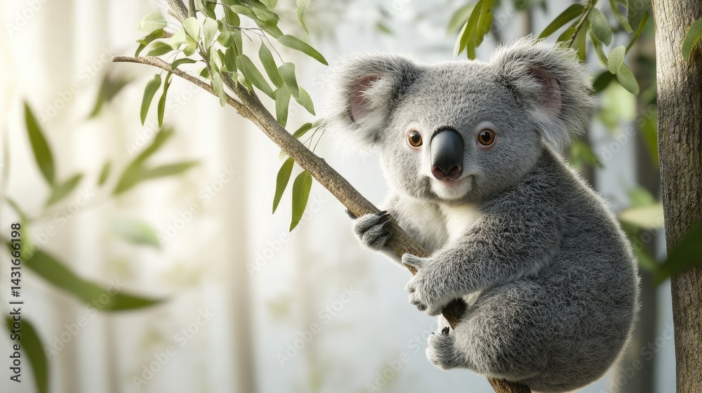 Fototapeta premium Fluffy, rotund koala clinging to a small tree branch, with realistic 3D fur details and big eyes. The lighting emphasizes its soft textures 