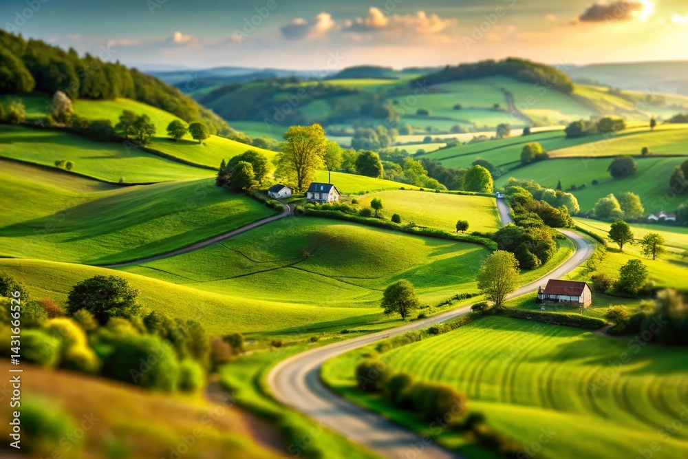 Obraz premium Idyllic Green Hills Countryside, Miniature Tilt-Shift Landscape Photography