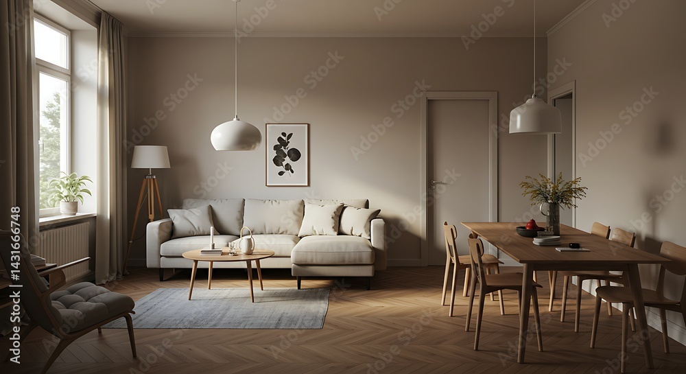 Obraz premium Living Room with Sofa and Dining Table