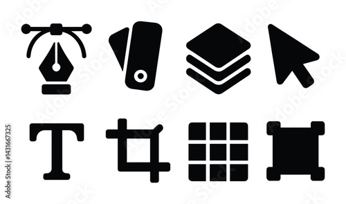 Graphic design tools solid icons set – filled style symbols for creative projects: pen tool, color palette, layers, cursor, text tool, crop, grid, resize