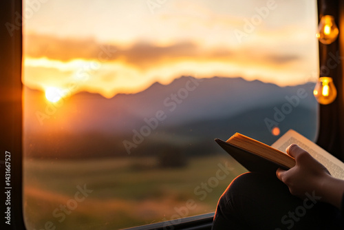 Enjoying a good book while watching the sunset in a tranquil mountain setting before bedtime