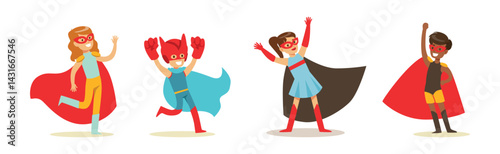 Boy and Girl Superhero Wearing Cloak and Cape Vector Set