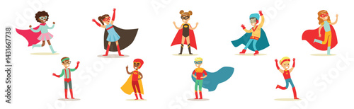 Boy and Girl Superhero Wearing Cloak and Cape Vector Set