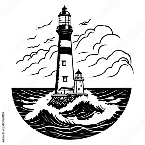 Monochrome lighthouse scene with powerful sea waves and serene clouds around