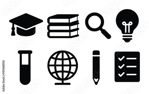 Education icons set – solid style learning and school symbols for academic resources: graduation cap, books, magnifying glass, light bulb, test tube, globe, pencil, checklist.