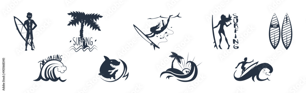 Obraz premium Surfing and Wave Ride Monochrome Silhouette Vector Set