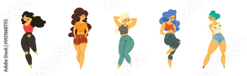 Plump, Overweight, Plus Size Curvy Woman Character Vector Set