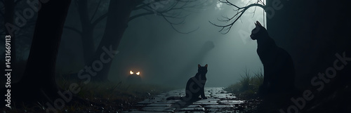 Dark mystical creatures lurk in shadows of a haunted Halloween setting, with black cats featuring prominently in the spooky atmosphere._00001_