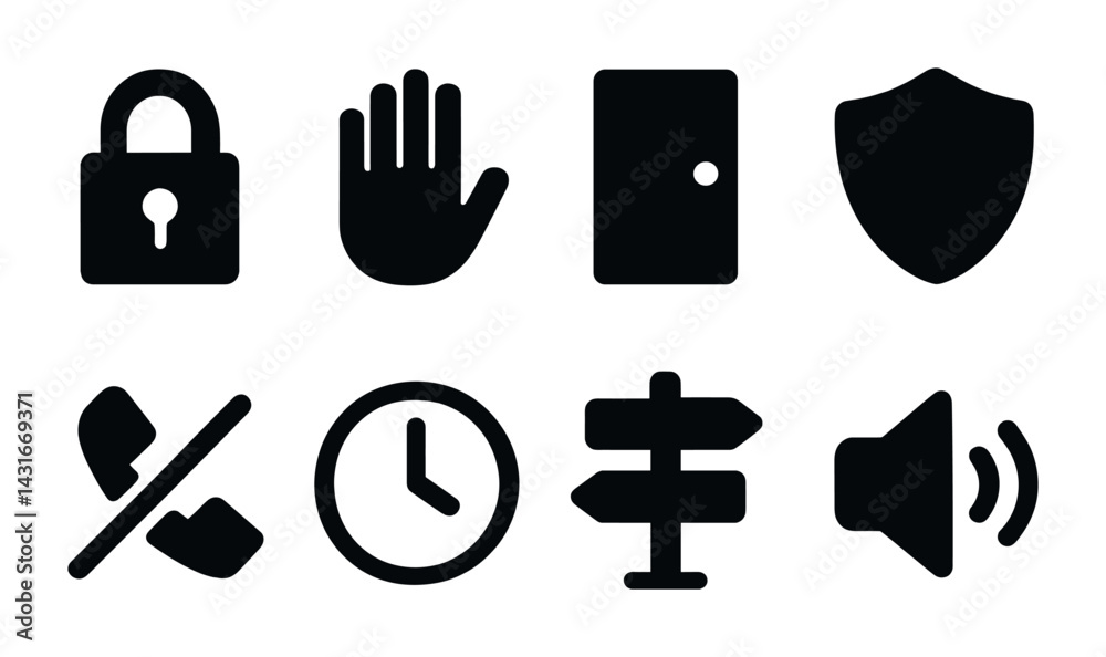 Security and accessibility solid icons set – filled style safety, protection, and access symbols for user interface design: padlock, hand, door, shield, mute, clock, sign, volume Security and accessibility solid icons set – filled style safety, protection, and access symbols for user interface design: padlock, hand, door, shield, mute, clock, sign, volume