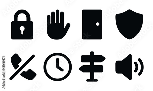 Security and accessibility solid icons set – filled style safety, protection, and access symbols for user interface design: padlock, hand, door, shield, mute, clock, sign, volume