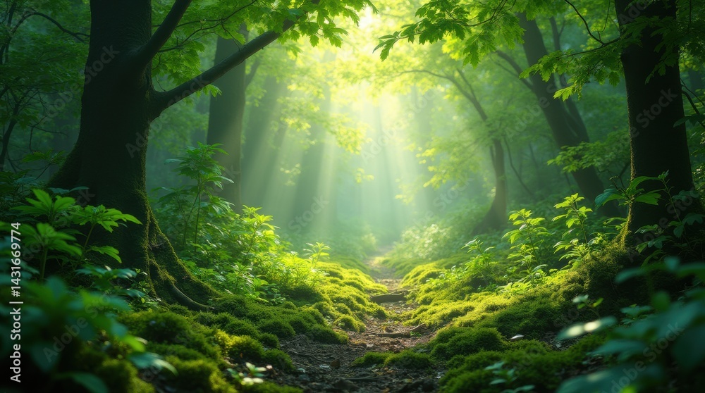 Fototapeta premium Lush green forest with sunbeams, dense foliage, vibrant leaves, mossy ground, vivid and refreshing nature scene