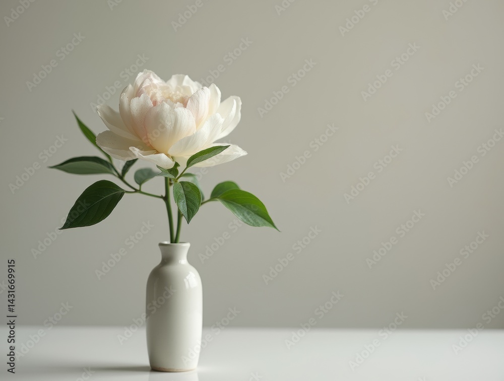 Fototapeta premium Single peony stem with dewdrops in slim ceramic vase, minimalist arrangement, neutral background, delicate and simple 