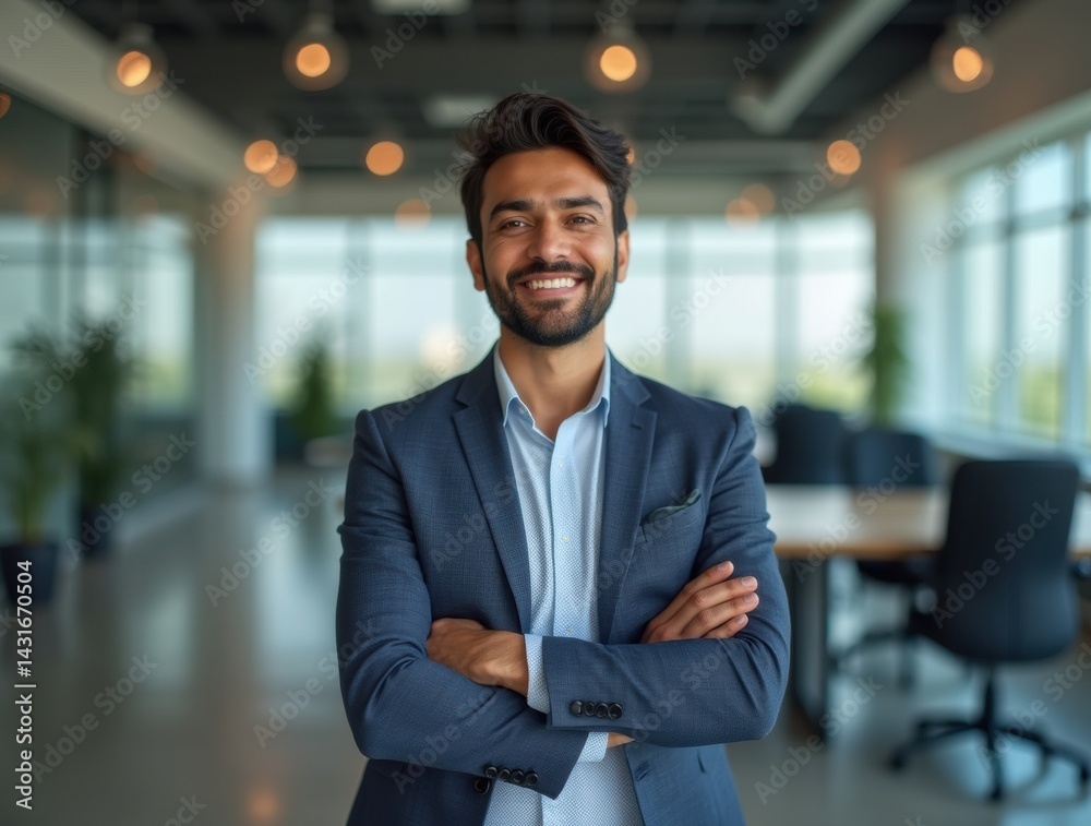 Fototapeta premium Smiling Indian Businessman Standing With His Arms Crossed in a Modern IT Company Office 