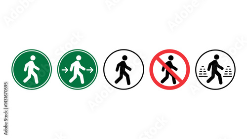 Safety Signage: A collection of traffic and safety symbols, clearly illustrated for pedestrians, featuring symbols for pedestrian zones and a warning against unauthorized access.