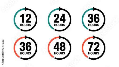 Hour Timer Icons Set: A set of six stylish, circular icons representing various time durations,  perfect for depicting deadlines, countdown timers, or illustrating a fast-paced environment.
