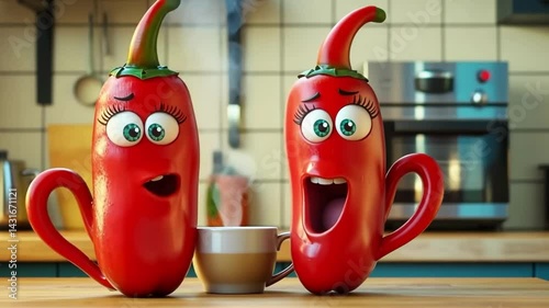 Animated chili peppers express joy while enjoying coffee in a cozy kitchen setting