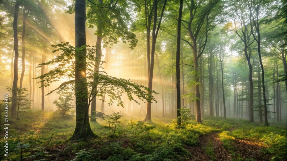 Fototapeta premium Sun rays streaming through mist in a lush green forest landscape scenery