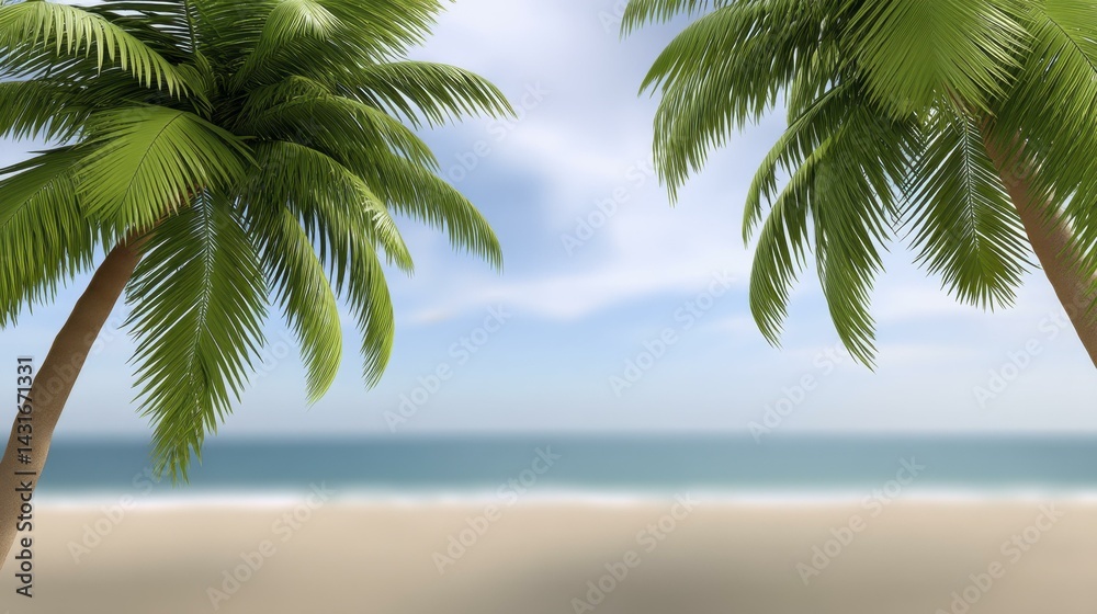 Fototapeta premium Tropical Paradise: Palm Trees Framing a Serene Beach with Turquoise Sea and Soft White Sand Under a Clear Sky
