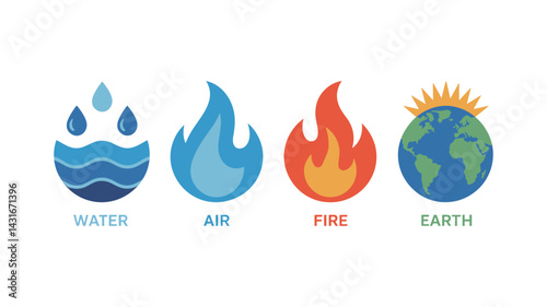 Elemental Harmony: A captivating graphic arrangement illustrates the four fundamental elements: water, air, fire, and earth, offering a symbolic representation of balance, nature's essence.