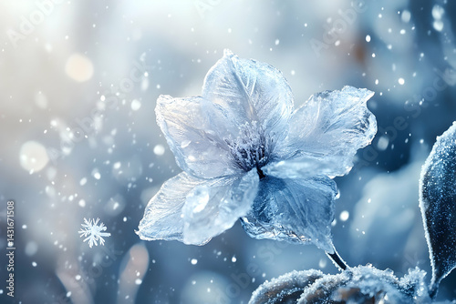 A delicate ice-covered flower in a winter wonderland scene. photo