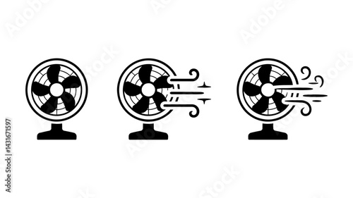 Cool Breeze: A graphic array of three electric fans, depicting the essence of coolness with an interplay of breeze symbols, showcasing simple yet effective design in conveying fresh air and comfort.