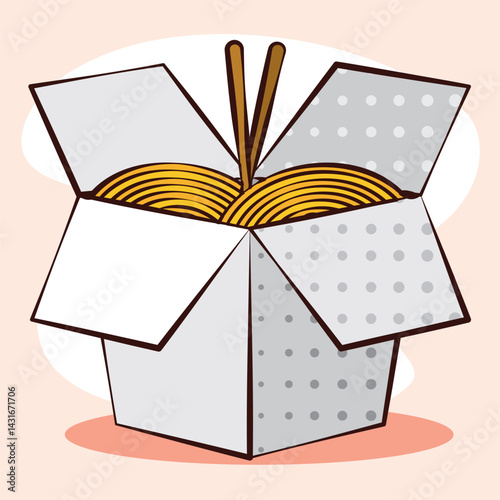 Noodles in takeaway box. Vector