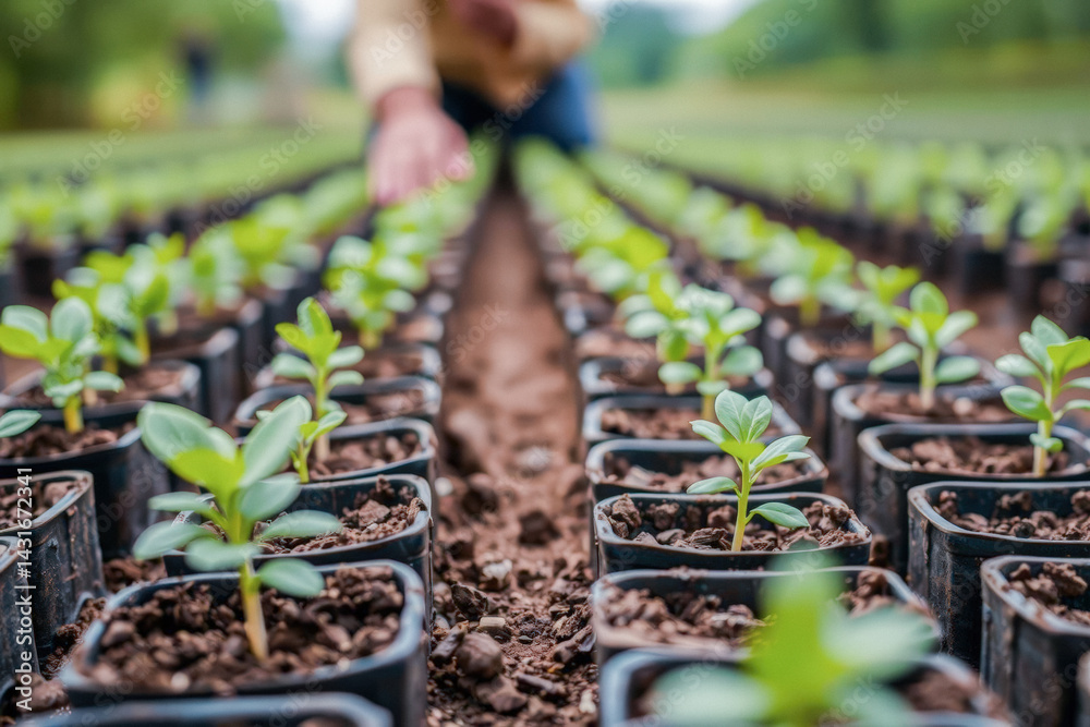 Young Plants in Small Pots, Rows of Nursery