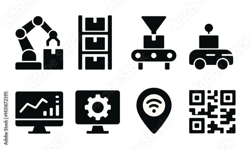 Industrial automation solid icons set – silhouette symbols for manufacturing and technology solutions: robot arm, storage rack, conveyor belt, autonomous vehicle, qr code