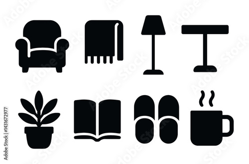 Modern home essentials icon set – solid style for home decor, interior design, and furniture: armchair, blanket, lamp, table, plant, book, slippers, coffee mug.
