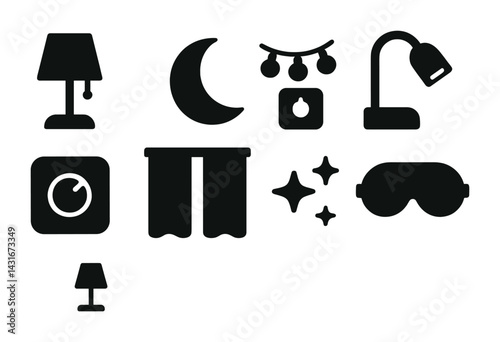 Nighttime home essentials icon set – solid style bedroom, relaxation, and sleep symbols for interior design: lamp, moon, clock, curtain, stars, desk lamp, sleep mask, string lights.