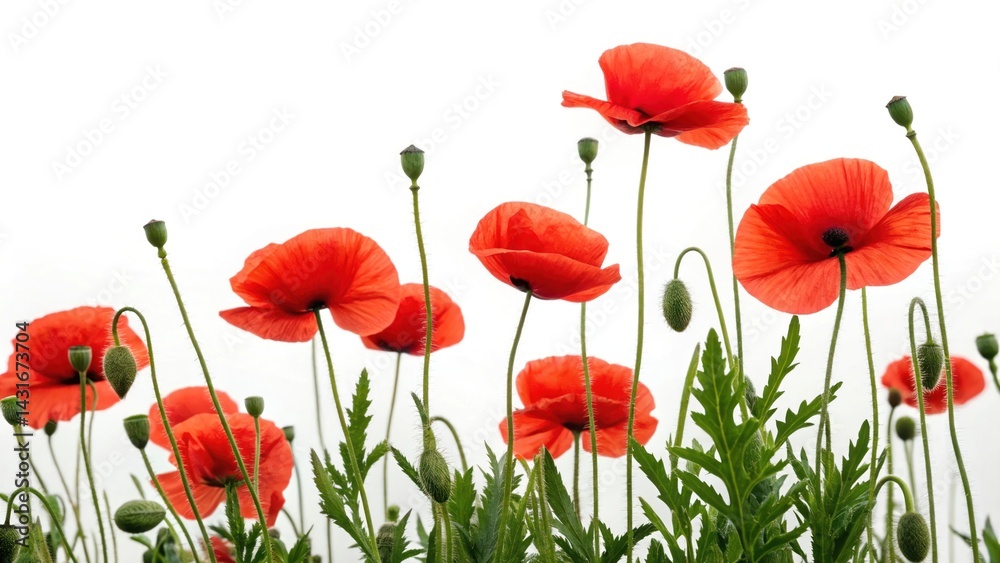 Naklejka premium Close up of vibrant red poppies blooming against a white background